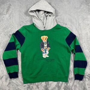 Polo Ralph Lauren Polo Bear Hoodie Youth XL Green Navy Colorblock‎ Sweatshirt
